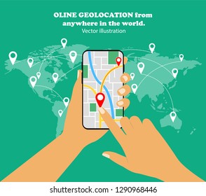 Mobile navigation. Online geolocation in a smartphone from anywhere in the world. Concept phone in hand and map of the world.