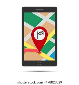 Mobile navigation. Mobile phone with pointer and map on screen. GPS concept in flat style. Flat design vector illustration.