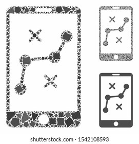 Mobile navigation route mosaic of irregular items in variable sizes and color tones, based on mobile navigation route icon. Vector irregular items are combined into mosaic.