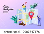 Mobile navigation. Search for places on map location. Online map. City landscape background. Modern flat cartoon style. Woman change of address. restaurant is here. vector illustration.