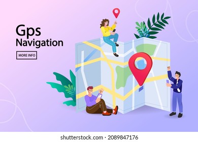 Mobile navigation. Search for places on map location. Online map. City landscape background. Modern flat cartoon style. Woman change of address. restaurant is here. vector illustration.