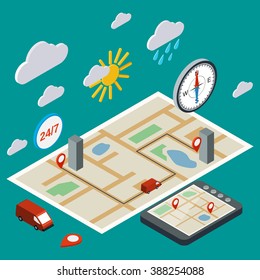 Mobile navigation, transportation, logistics, city map flat 3d isometric illustration. Modern web infographic concept
