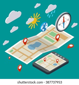 Navegación móvil, transporte, logística plana 3d ilustración isométrica. Concepto moderno de infografía web