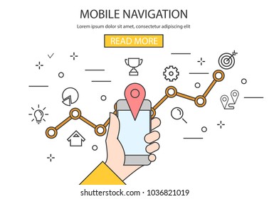 Mobile navigation. Vector illustration of hand holding phone with map and marker. Mobile navigation ideas concept. Flat style design for web, site, business presentation. EPS10