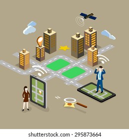 mobile navigation web infographic. gps tablet layer marker points satellite search magnifier city building