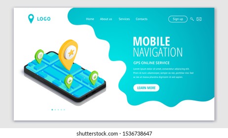 Mobile Navigation web page isometric concept. GPS city map app. 3d Smartphone with route map, pin on screen. Location service design landing template. Vector illustration for web site, app, advert
