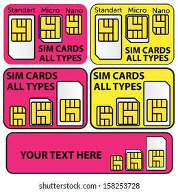 Mobile neon sim card types set in vector