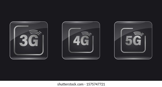 Mobile network 3G, 4G & 5G Vector Icons. Set of 5g 4g 3g internet icons. Glass frame, realistic vector illustration. Square application transparent glass buttons