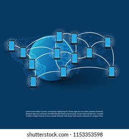 Mobile Network Connections, Technology Background - Cloud Computing Design Concept with Mesh and World Map