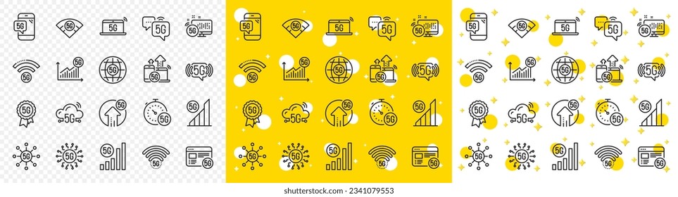 Mobile network, fast internet, phone connection. 5G technology line icons. Hotspot signal, mobile telecommunications, wifi internet icons. 5G cellular network technology. Vector