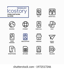 Mobile network - modern line design style icons set. Connection and services idea. Group and video call, group chat, voice message, geolocation, social media, smartphone, SIM card, contacts, balance