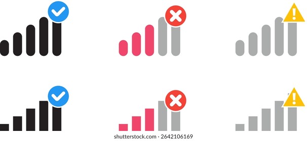 Mobile network signal bar icon bundle with check, cross, and warning indicators. Vector icon set for UI, web, apps, infographics, presentations, and digital projects.