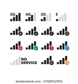 Mobile network signal icon set 5G 4G 3G status indicators no service UI symbols vector illustration