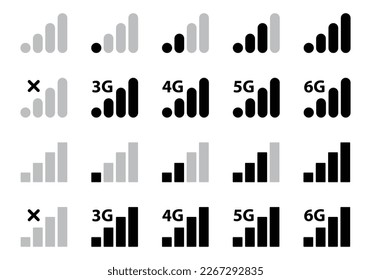 mobile network signal set. mobile network strength icon set. 3g, 4g, 5g and 6g network. no range or full signal icon set. UI UX mobile icon signal strength set.