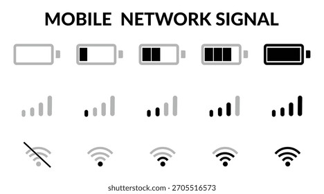 Sinal de rede móvel, wi-fi, ícone de bateria. Ícone de status da barra do telefone celular. Nível de carga da bateria do smartphone, ícone da força do sinal Wi-Fi e níveis de conexão de rede fundo transparente isolado.
