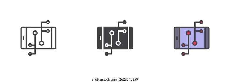 Mobile network technology different style icon set. Line, glyph and filled outline colorful version, outline and filled vector sign. Mobile Phone Circuit Board Symbol, logo illustration. 