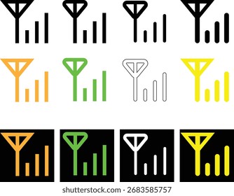 Mobile network tower signal icon, strength in mobile, signal strength to strong, loop, White, black, red color icon. 