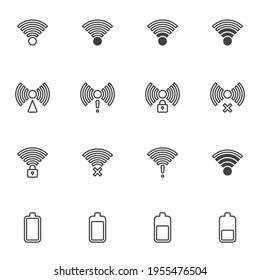 Juego de iconos de señal de red móvil y Wi-Fi, batería de teléfono y colección de símbolos sólidos modernos de señal, paquete de pictogramas estilo relleno. Señales, ilustración del logotipo. Establecer incluye iconos como red de smartphone 