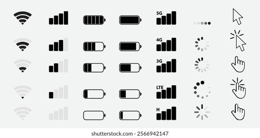 Mobile Network, WiFi, and Battery Icons with Cursor and Loading Symbols