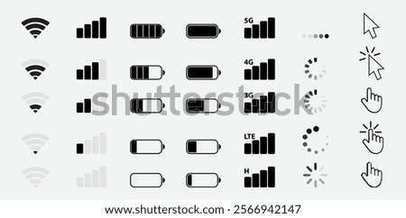 Mobile Network, WiFi, and Battery Icons with Cursor and Loading Symbols