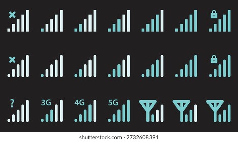 Ícones indicadores de intensidade de sinal de rede móvel e sem fio para status de conectividade