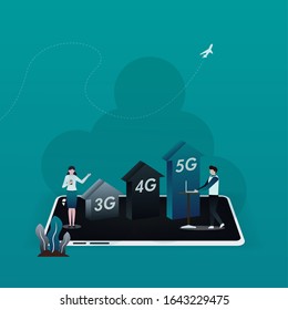 mobile networks technology concept.  smartphone with arrows showing speed of 3G, 4G and 5G. People character use their gadgets to surfing on internet. vector illustration