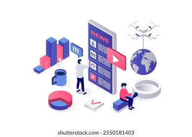 Concepto isométrico 3d de noticias móviles en Diseño gráfico de geometría para Web. Personas Video leyendo noticias globales diarias, artículos en línea y nuevas publicaciones en las redes sociales, ver en App móvil. Ilustración vectorial.