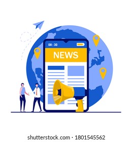 Mobile News App, Digital Worldwide Media, Internet Press Release Concept With Characters. People Standing Near Big Smartphone And Reading Online News. Modern Vector Illustration In Flat Style.