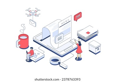 Mobile news concept in 3d isometric design. Man and woman reading breaking news and articles at online press using mobile applications. Vector illustration with isometry people scene for web graphic