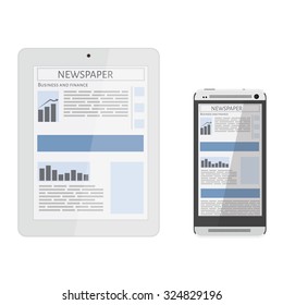 Mobile news concept. Smartphone, tablet and newspaper. Reading online news on smartphone or tablet concept. Flat design.