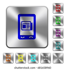 Mobile news engraved icons on rounded square glossy steel buttons