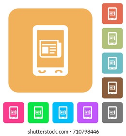 Mobile news flat icons on rounded square vivid color backgrounds.