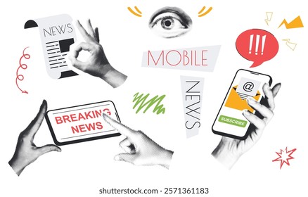 Mobile news vintage collage conception set in retro halftone design. Collection with hands holding smartphone with emails and online articles, reading global breaking messages. Vector illustration.