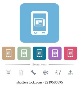 Mobile news white flat icons on color rounded square backgrounds. 6 bonus icons included