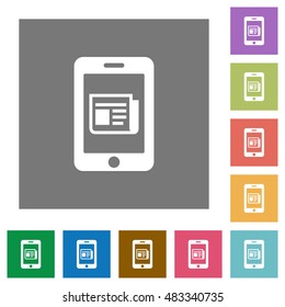 Mobile Newsfeed Flat Icon Set On Color Square Background.