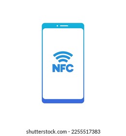 Signo de aplicación de transacciones NFC móviles, ilustración vectorial aislada en fondo blanco. Tecnología de pago NFC para el diseño de iconos o símbolos de teléfonos móviles.