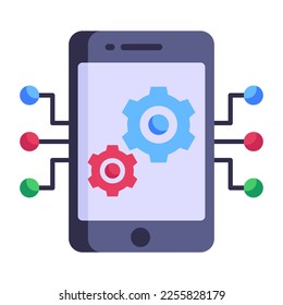 Mobile with nodes and cogwheels, flat icon of ai mobile 