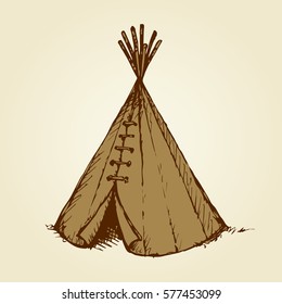 Mobile nomad rural circle skin covered wickiup isolated on white backdrop. Brown ink hand drawn picture sketch in art retro scribble graphic style