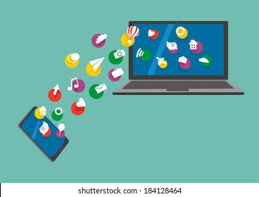 Mobile and notebook connection. Mobile phone and laptop with share information