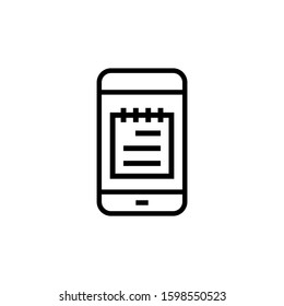 Mobile notes line icon, E-learning linear style sign for mobile concept and web design, Smartphone with notebook outline vector icon in outline style on white background,