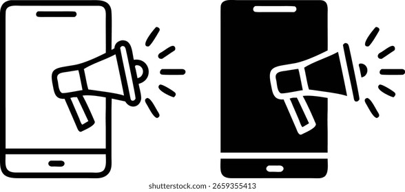 Conjunto de iconos de notificación móvil: símbolo de alerta de megáfono en blanco y negro para App, marketing y anuncio