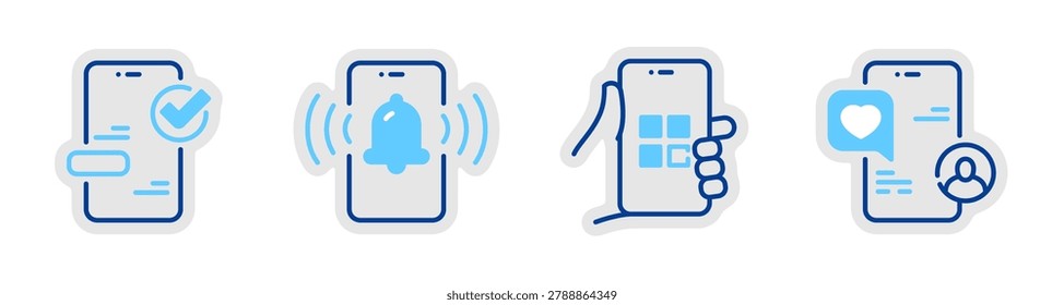 Iconos de notificaciones móviles que muestran la interacción del App de alertas en el teléfono. Trazo editable