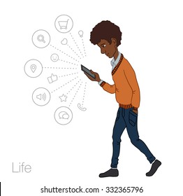 Mobile notification in phone. Icons mobile app of cloud service, technology. Notification on mobile phone. Vector afro American man walking with mobile notification. Cartoon man with mobile smartphone