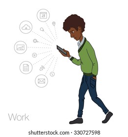 Mobile notification in smartphone. Icons mobile app of cloud service, technology. Guy with mobile phone in white background. Vector illustration of cartoon man. Cartoon man with mobile smartphone
