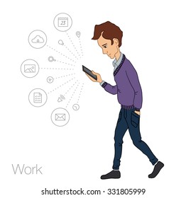 Mobile notification in smartphone. Icons mobile app of cloud service, technology. Guy with mobile phone in white background. Vector illustration of cartoon man. Cartoon man with mobile smartphone