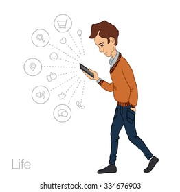 Mobile notification in smartphone. Icons mobile app of cloud service, technology. Guy with mobile phone in white background. Vector illustration of cartoon man. Cartoon man with mobile smartphone
