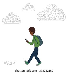 Mobile notification in smartphone. Icons mobile app of cloud service, technology. Guy with mobile phone in white background. Vector illustration of cartoon man. Cartoon man with  smartphone. African
