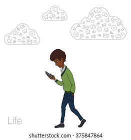 Mobile notification in smartphone. Icons mobile app of cloud service, technology. Guy with mobile phone in white background. Vector illustration of cartoon man. Cartoon man with  smartphone. African