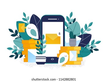 Mobile notifications. Vector illustration. Online payment. Fast delivery of messages.