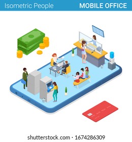 Mobile Office Banking in Smartphone Isometric Flat vector illustration concept. People working giving getting money in Mobile Phone.